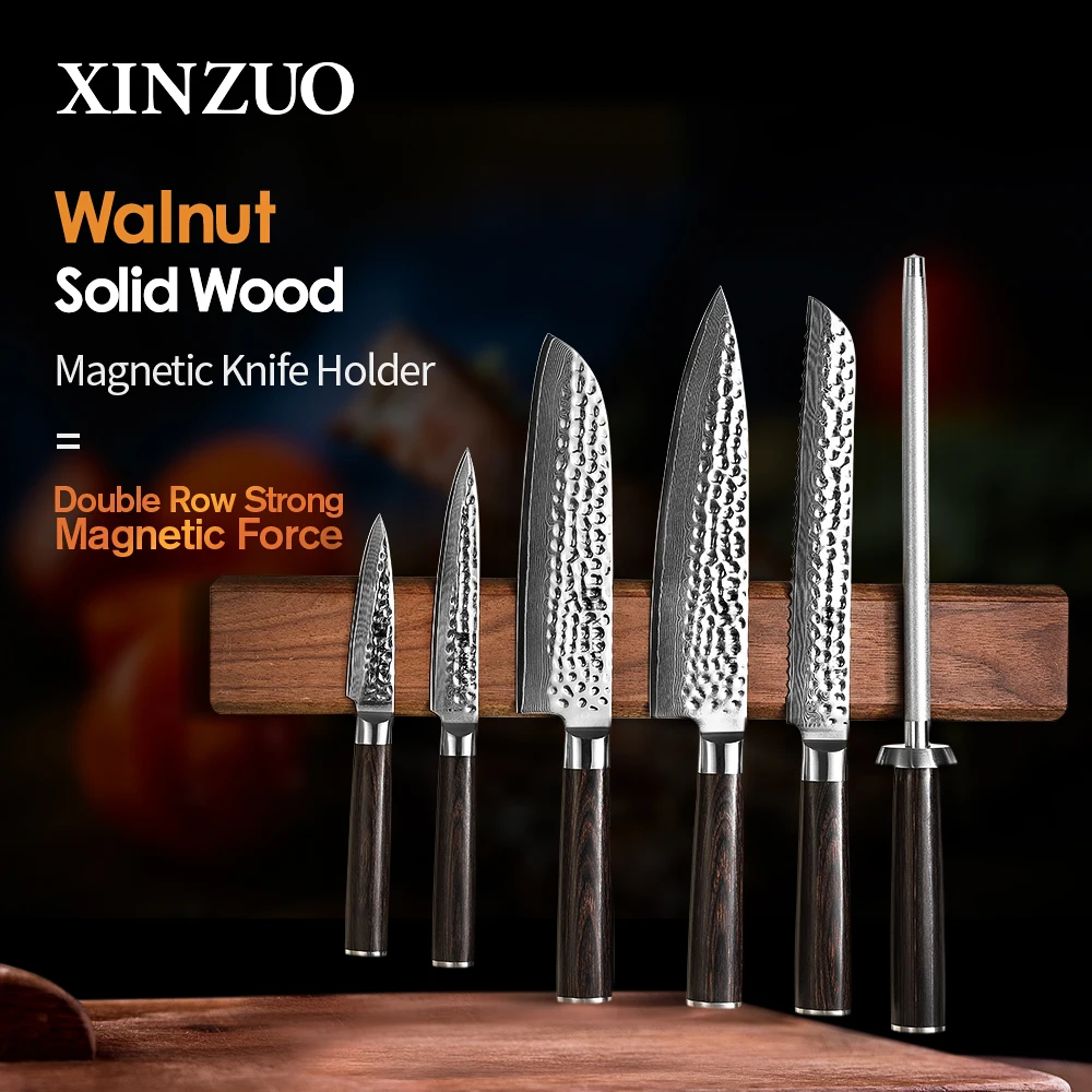 XINZUO 40cm Magnetic Knife Holder Wall Mount For Metal Knife Walnut Solid Wood Block Powerful Magnetic Force Kitchen Tools