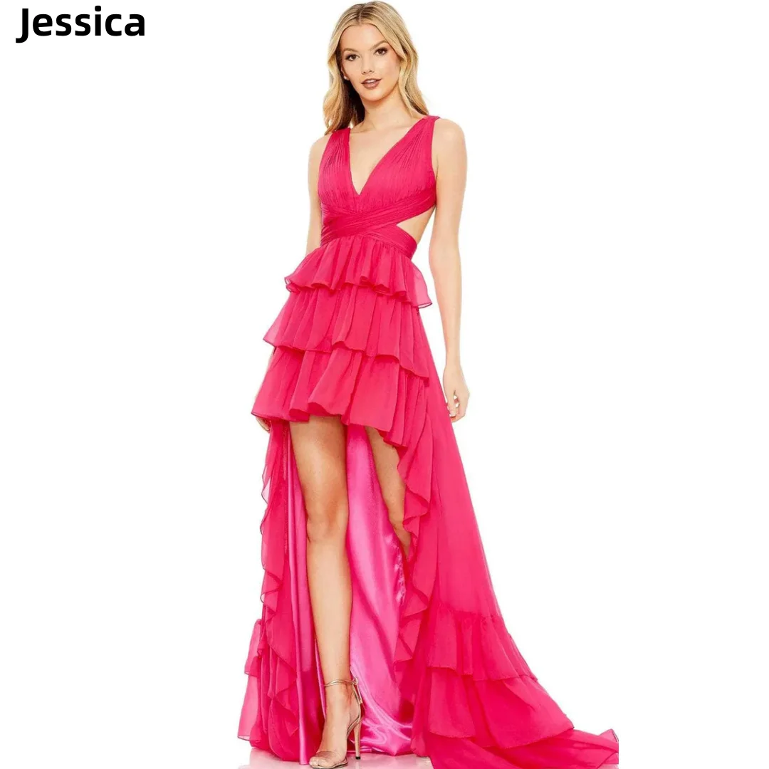 

Jessica Red Prom Dresses High And Low Organza Layering Evening Dresses A-Shape Sexy Back Strap Princess Wedding Party Dress