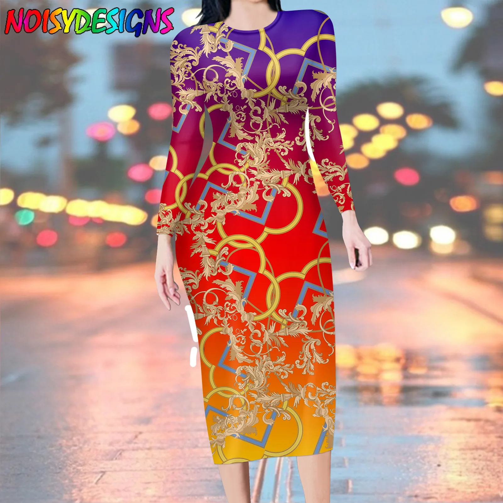 NOISYDESIGNS Women Wrap Long Dress Floral Print O-neck Long Sleeve Elegante Luxury Golden Flower Printed Pencil Dresses Vestios