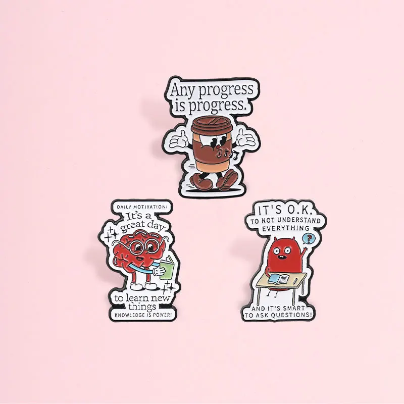Inspirational Healing Cartoon Anthropomorphic Metal Brooch Study Slogan Lapel Pin Badge Backpack Coat Decor Accessory Gift