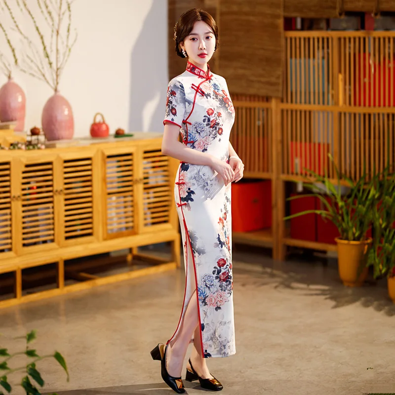 Yourqipao 2025 Spring Chinese Style Silk Long Double Layer Cheongsam Women Performance Catwalk Stand Collar Qipao Dress