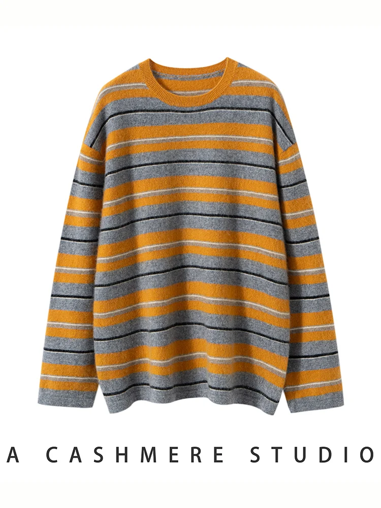 ADDONEE, suéter de cachemira de 100% para mujer, jersey a rayas con cuello redondo, Jersey informal holgado de estilo Ins, Jersey de punto de Cachemira, ropa de otoño e invierno