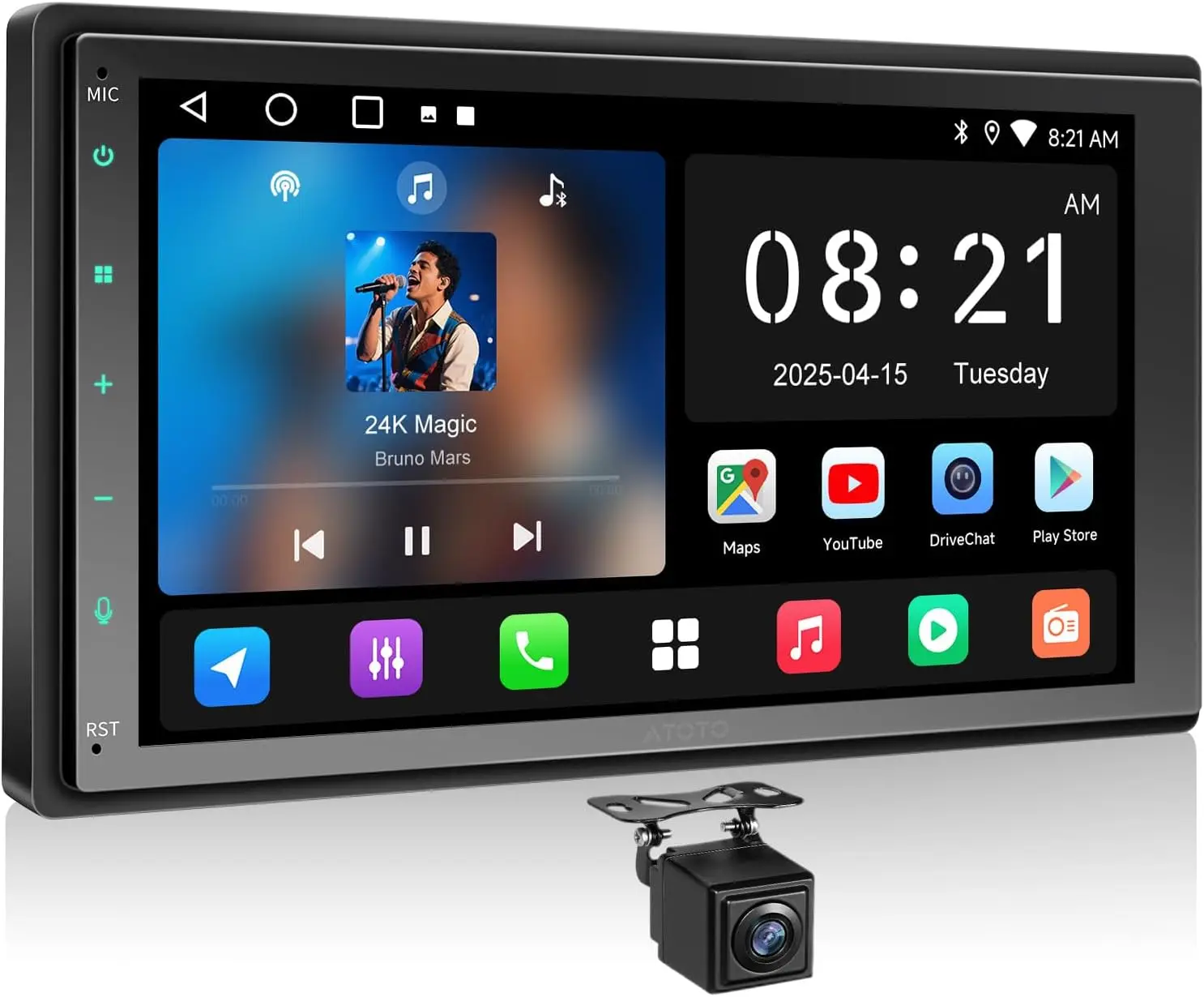 Stereo per auto A5L Android doppio DIN con CarPlay wireless e Android Auto, Wi-Fi/Bluetooth/USB, 24B-EQ/DSP, MirrorLink, HD LRV, Bac