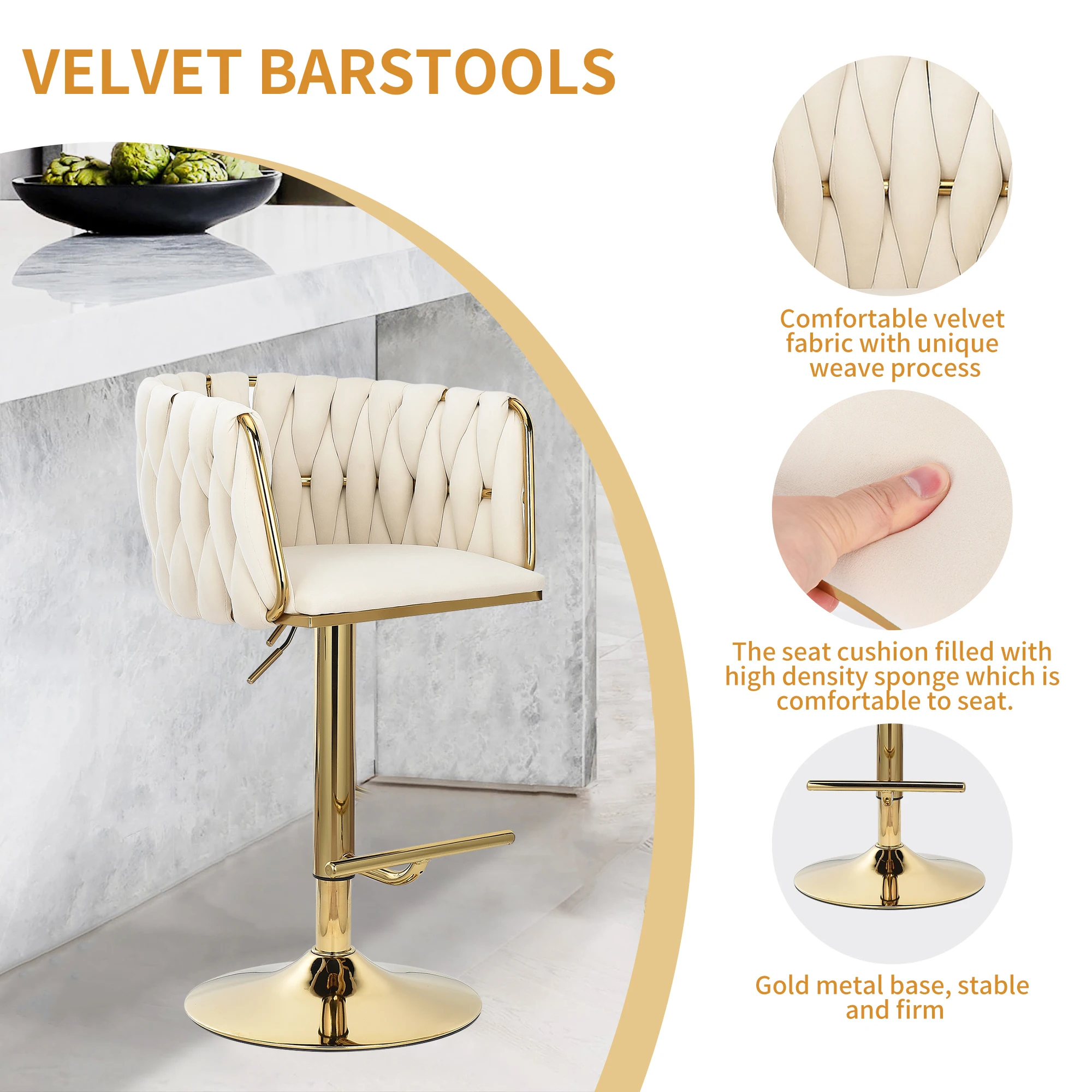 Set di 2 sedie da Bar in velluto, sgabello da Bar, sgabello da bancone girevole in metallo regolabile in altezza e 360 gradi con schienale e