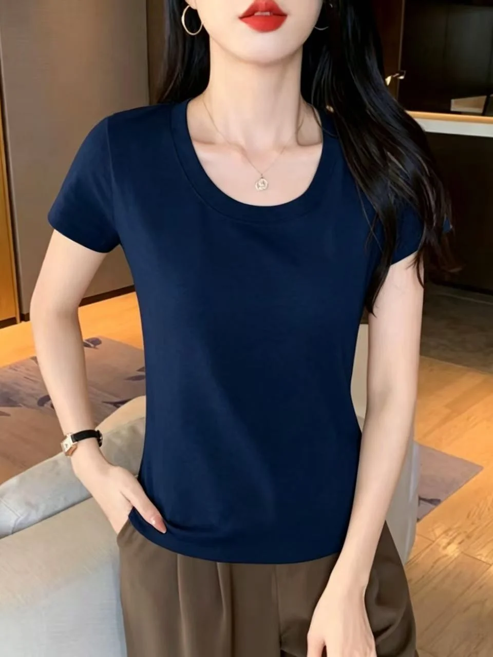 95 Cotton U-Neck Short Sleeve T-Shirt Women's Spring Summer plus Size American Sexy Inner Wear Slimming Clavicle Baring Top