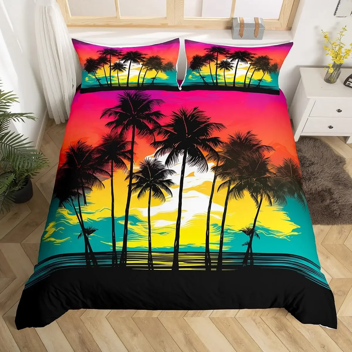 Palm Tree Duvet Cover King Queen Full Twin Tropical Leaves Comforter Cover Watercolor Style Bedding Set Polyester Quilt Cover