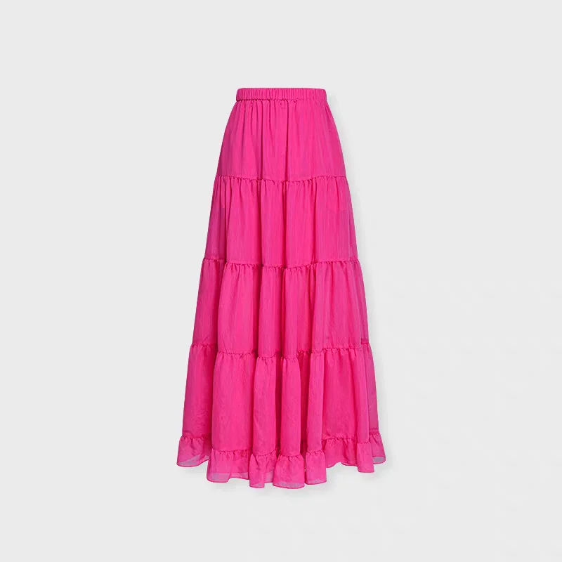 Saias longas maxi para mulheres, chiffon, estilo coreano lolita, primavera verão, cintura elástica, babados franzidos, plus size.