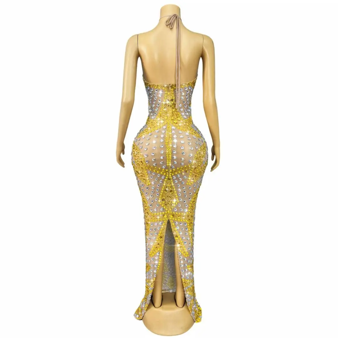Jinjingying Luxury Dubai Evening Dress Gold Diamond Sexy Perspective Mesh Hanging Neck Dress Banquet Birthday Cocktail Dress