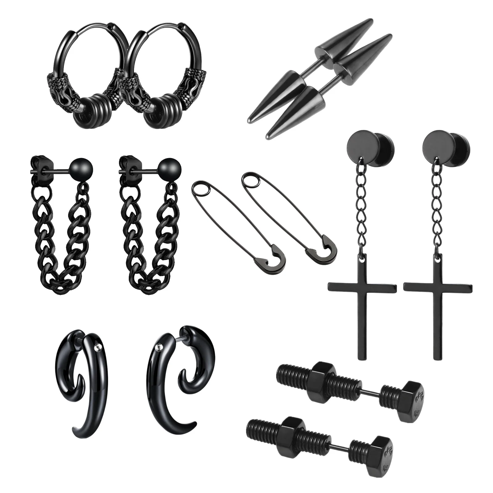 1–7 Paar Gothic Cool Black Ohrringe Sets Piercing Ohrstecker Edelstahl Creolen Kreuz Hängende Ohrringe Punk Schmuck Damen Herren