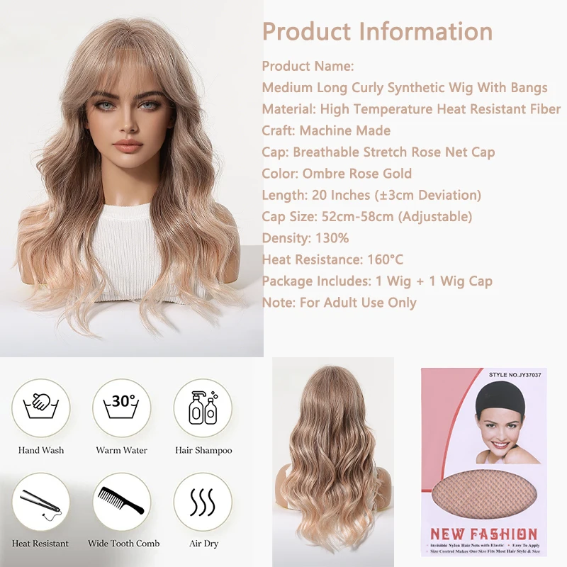 Ombre Rose Gold Long Wavy Wig Pre Plucked Natural Hairline 20" Air Bangs Glueless Heat Resistant Daily Party Wig For Black Women 4