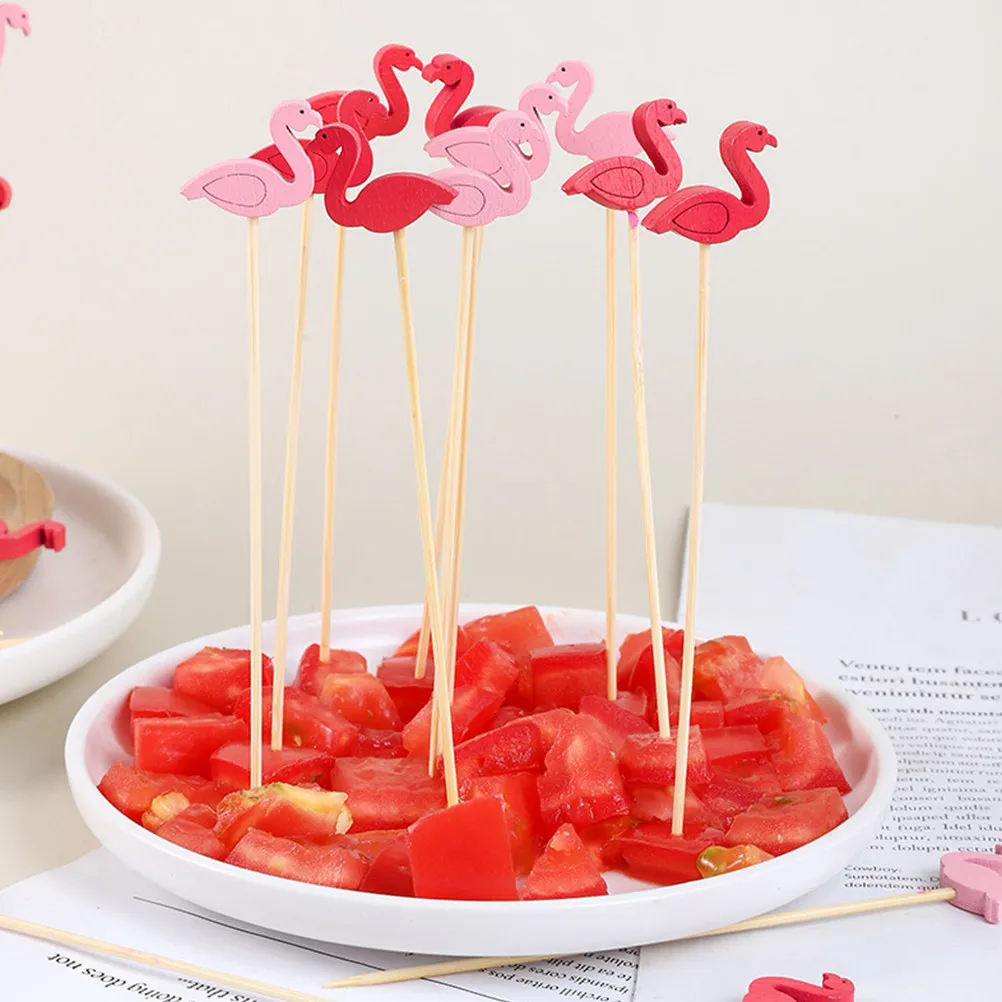 100Pcs Wooden Cocktail Toothpicks Hawaiian Flamingo Pineapple Cactus Design Fruit Skewers for Drinks Appetizers Parties Food view 2