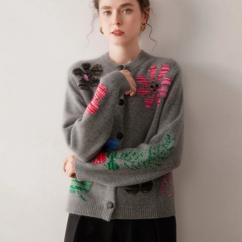 

High-end pure cashmere sweater, new and highly anticipated top, floral knitted women's European cardigan sweater coat