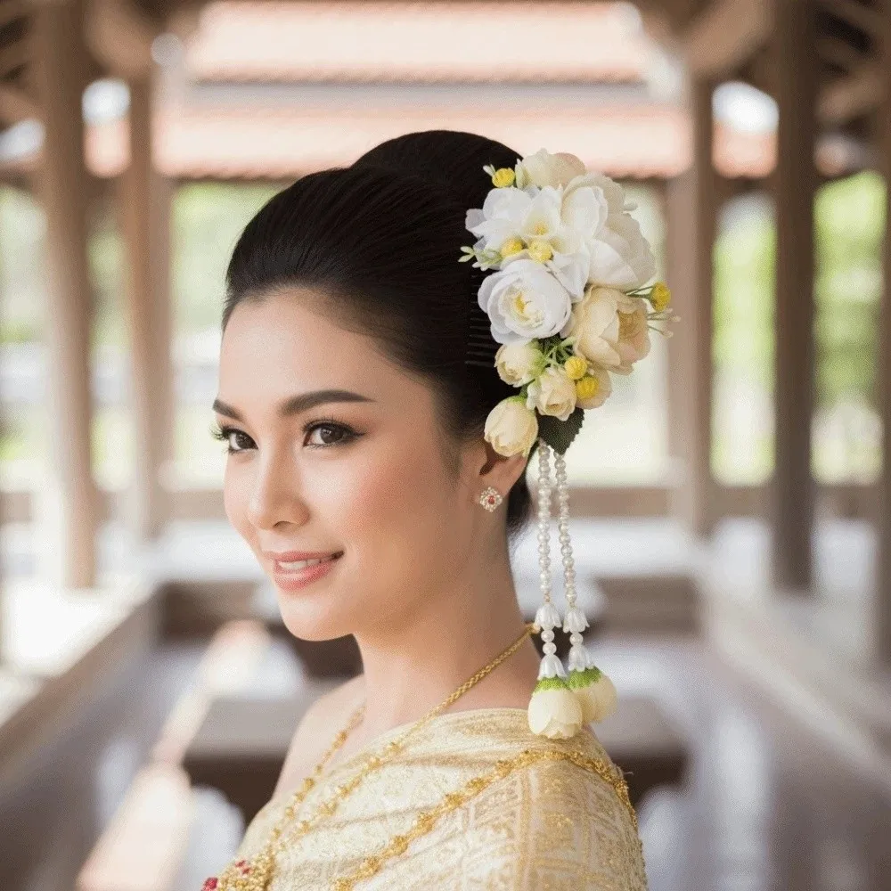

Handmade Sweet Flowers Hairpin with Tassels Thai Style Plastic Tulip Hair Comb Floral Headwear Cloth Chignon Hair Clips Bride