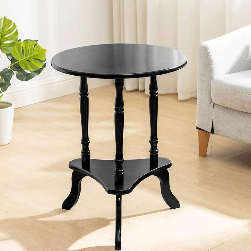 Solid Wood Round End Table Balcony Side Table Bedside Two Layers Coffee Table Handcrafted Small Wooden Desk