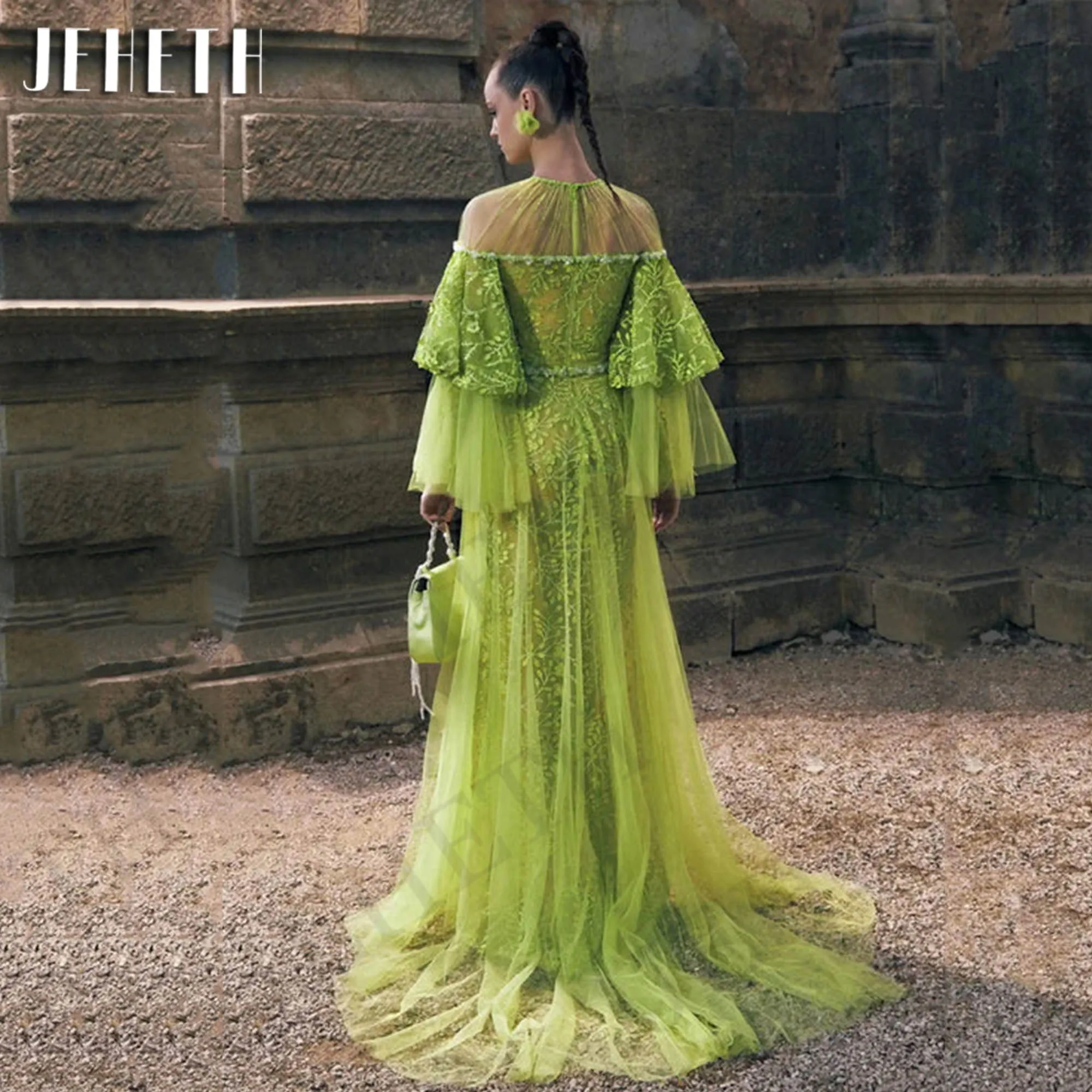 JEHETH Lace Long Sleeves Mermaid Evening Dress Luxury Green O-Neck Tulle Appliques Formal Party Dresses abendkleider 2024 luxus