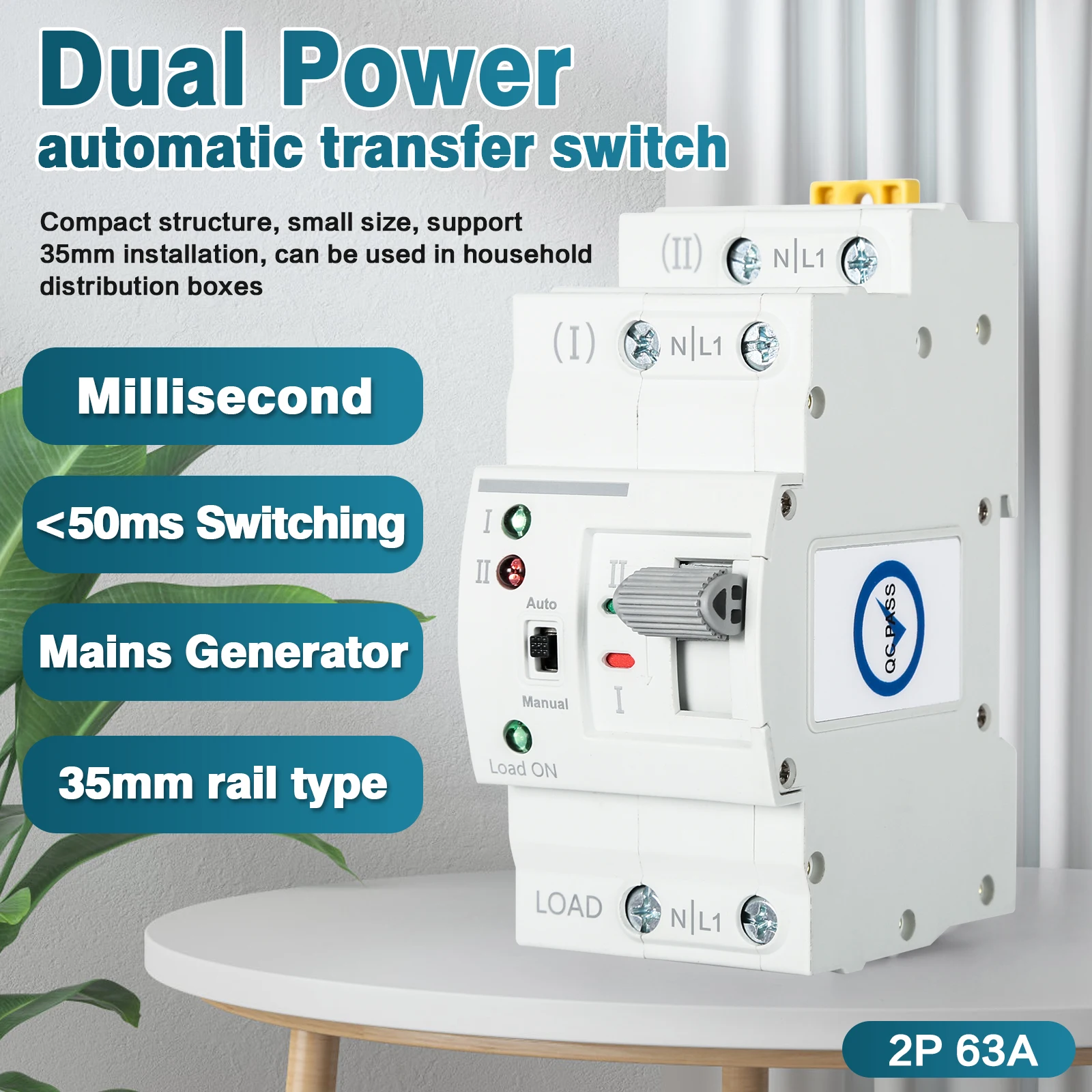 

DEWIN G2R Din Rail 2P 63A ATS Dual Power Automatic Transfer Switch Electrical Selector Switches 220V Electrical Selector Switch