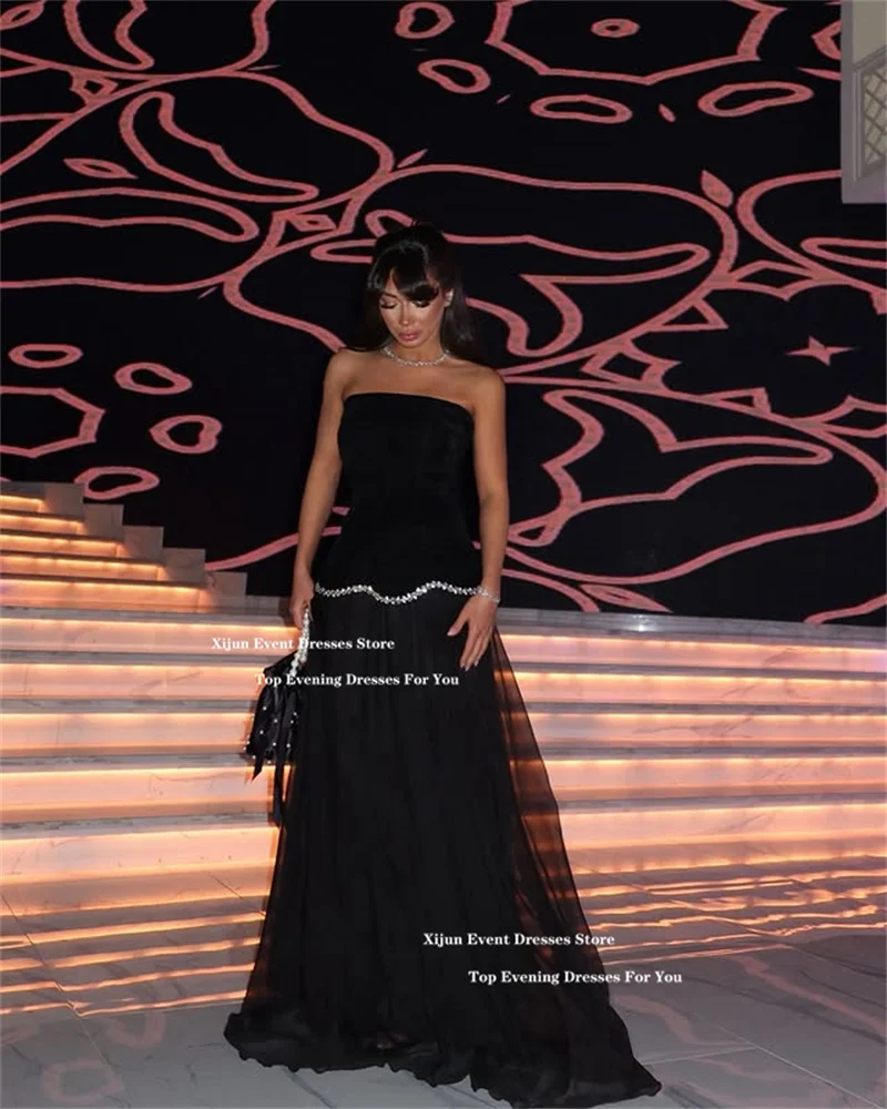 Xijun crêpe noire luxe longues robes de soirée saoudien arabe perles sans manches robes de bal formelle bretelles dubaï robes de bal