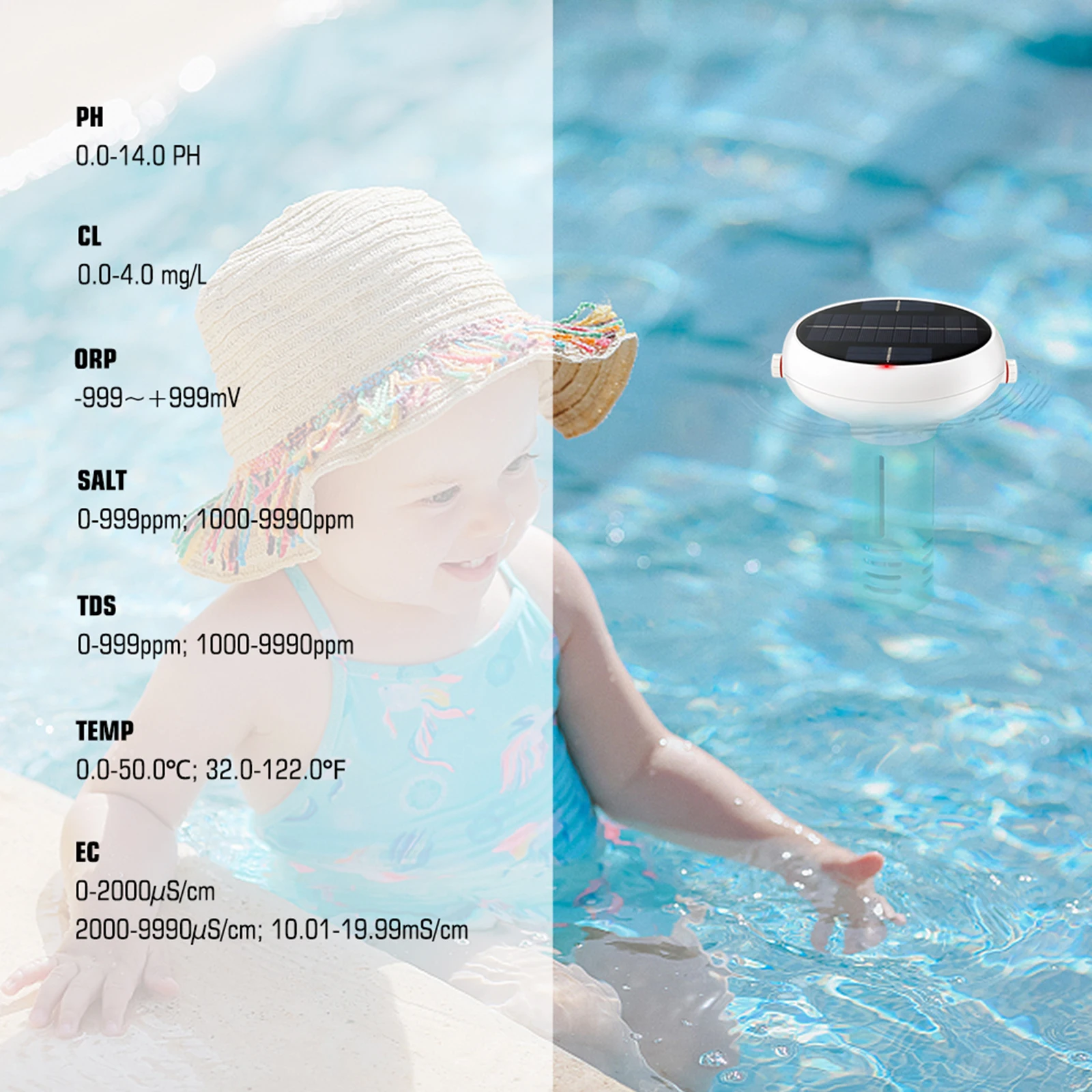 Wireless Water Quality Monitor PH/ORP/Salt Meter Digital Solar Residual Chlorine Detector for Pools, Drinking Water, Aquariums