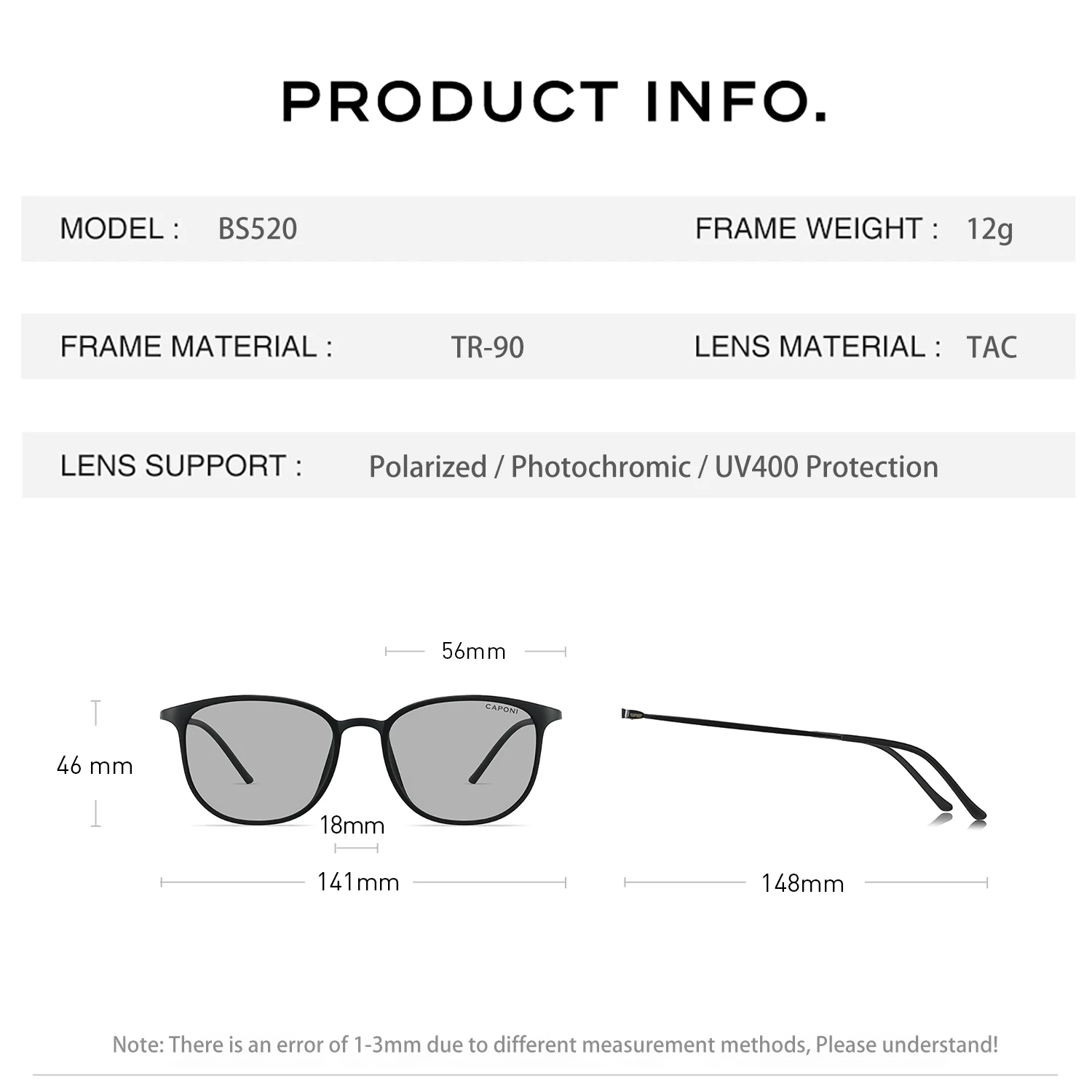 CAPONI Oval Men's Sunglasses Photochromic Polarized Sun Glasses For Men Protect UV Ray Super Light Driving Black Glasses BS520 image 6