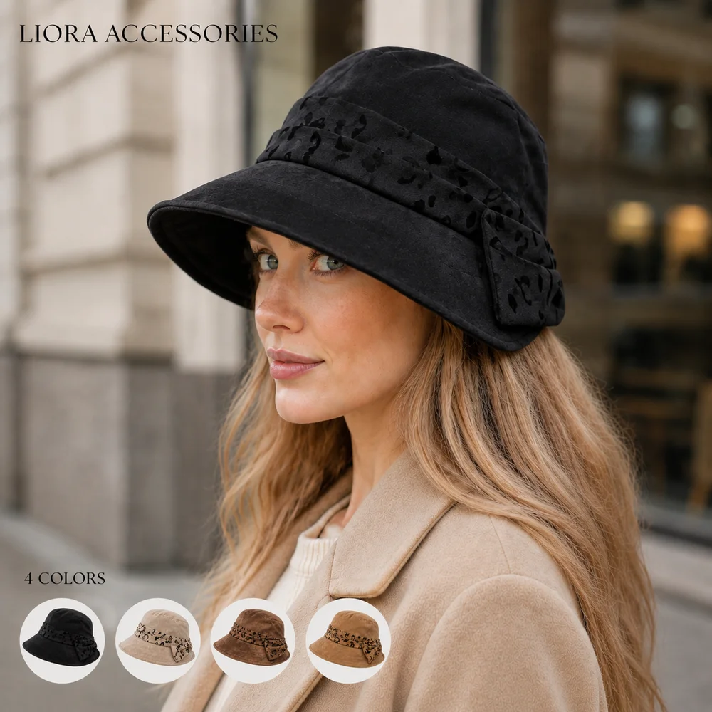 Leopard Print Bow Wide Brim Hat for Women Soft Suede Warm Winter Cloche Cap Elegant Outdoor Bucket Hat