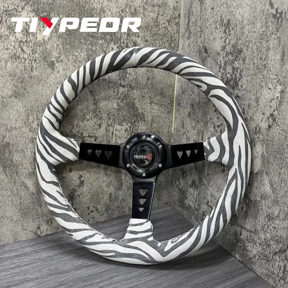 

Suede Leather White And Black Zebra Print Steering Wheel Love Hole Bracket Steering Wheel 14 Inch Racing Game Steering Wheel