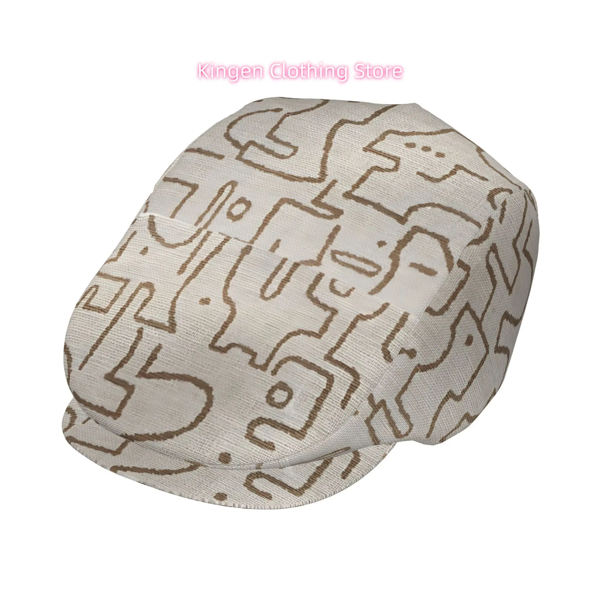 1pc Cream white background with brown abstract lines All-over printed beret,  newsboy cap, unisex, a must-have fashion accessory