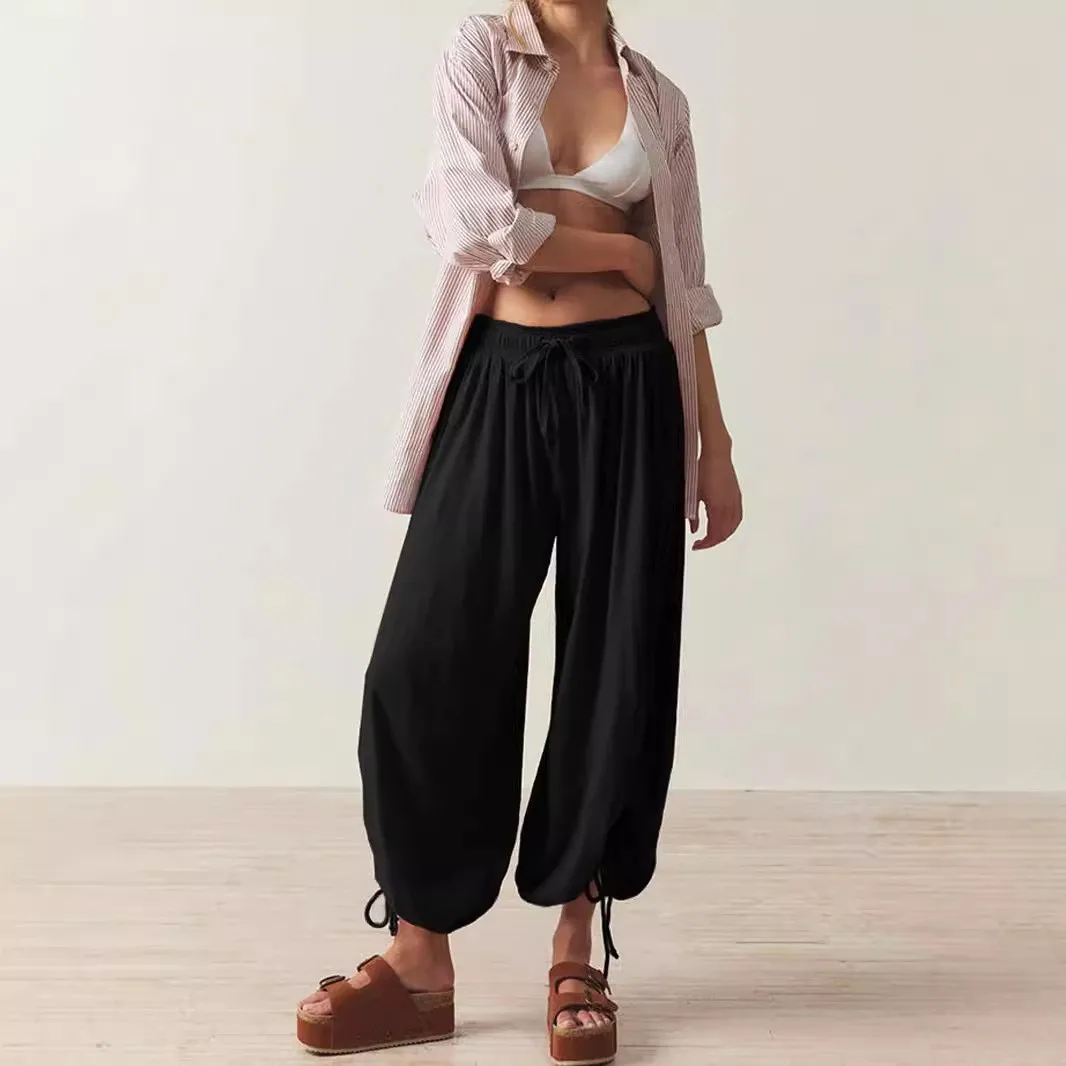 Women Harem Casual Pants Loose Fit Full Length Mid Waist Trousers Tie Detail Drawstring Pants Black Gray Wide Leg Pants Pink