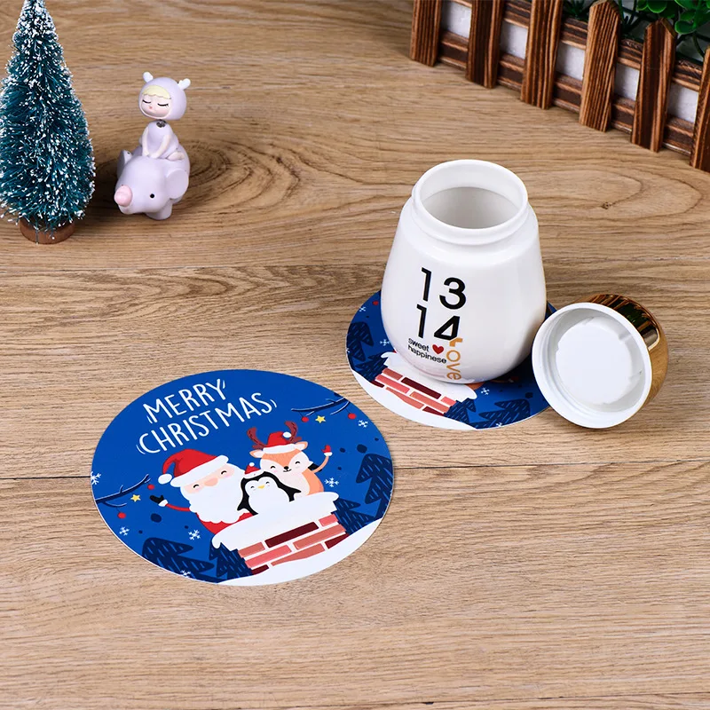 

5Pcs/set Merry Christmas Round Cup Mat Table Placemats Coaster Anti-slip Kitchen Cushion Romantic Wedding New Year Party Pad