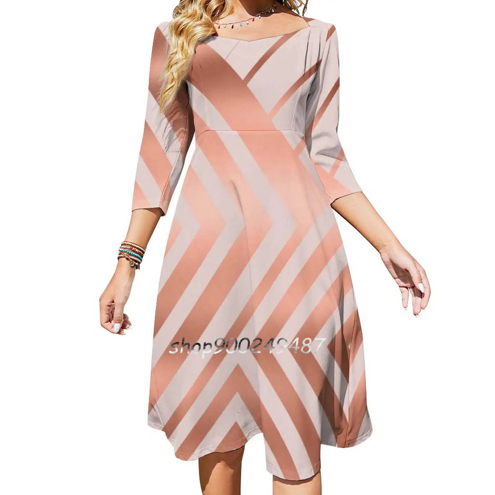 Pink And Copper Geometric Luxe Square Neck Dress Cute Loose Print Dresses Elegant Beach Party Dress Pink And Copper Geometric