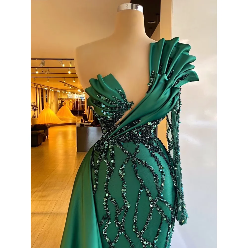 Emerald Green Mermaid Evening Dresses One Shoulder Sequined Party Dresses Ruffles Glitter Celebrity Custom Made Prom Gowns