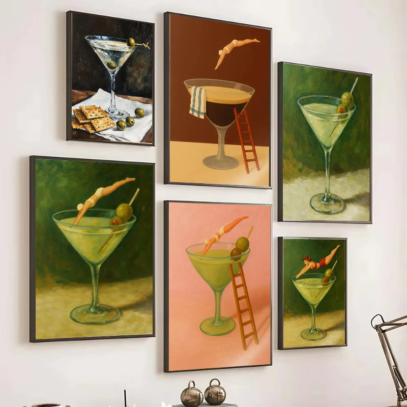 Diver Martini Glass Poster Girl Diving Cocktail Espresso Canvas Painting Print Wall Art Picture for Living Room Kitchen Decor