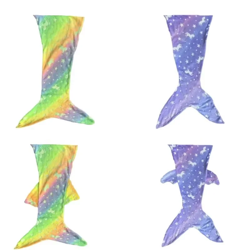

Cartoon Rainbow Unicorn Mermaid Tail Blanket Super Soft Glow in The Dark Flannel Mermaid Tail Blanket Gifts for Girls