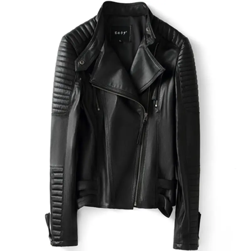 2024 Spring Autumn Fall Women\'s Fashion Genuine Leather Lambskin Sheepskin Coat Motorcyclist Biker Jacket for Female Black XXXL