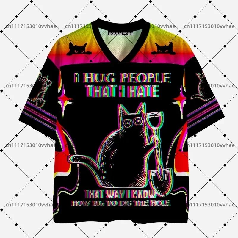 I HUG PEOPLE THATIHATE Mesh Jersey Design Digital Print V-Neck T-Shirt Comfortable Sports Short Sleeve