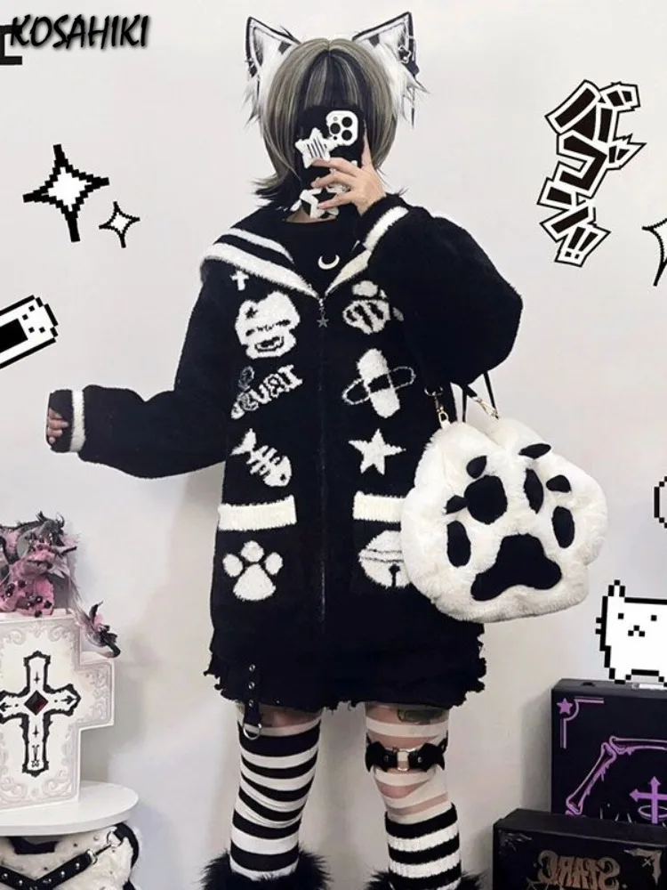 Streetwear Cartoon Jacquard Vintage Fluffy Coats Women Loose Sweet Y2k Aesthetic Zipper Top Japanese Kawaii Gothic Casual Jacket