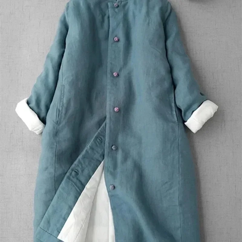 

2024, новое женское длинное хлопковое пальто в китайском стиле с воротником-стойкой и пряжкой, осень-зима, теплая льняная стеганая куртка средней длины ER-126