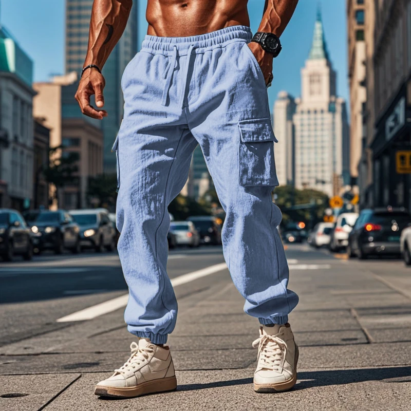 Autumn Daily Casual Breathable Cotton Pants Men‘s Streetwear Fashion Multi Pockets Cargo Pants Vintage Mens Solid Color Pants