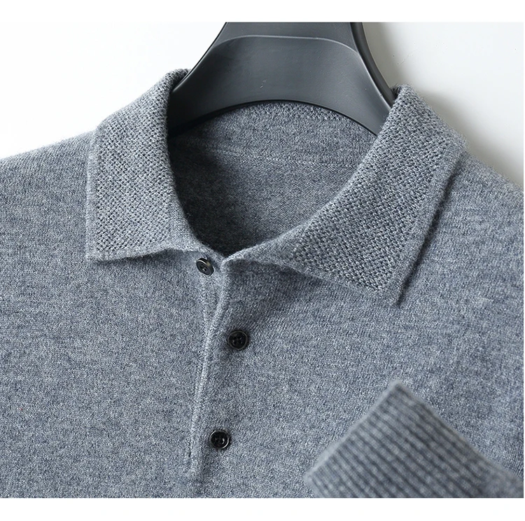 LHZSYY 100%Merino Wool Hot Cardigans Men Lapel Pullover Long Sleeve POLO Neck Sweaters Loose Tops Knit Clothing Large Size Shirt