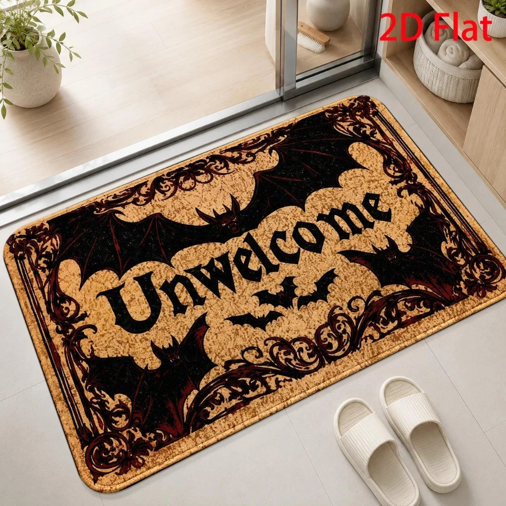 Unwelcome Bat Gothic Halloween Doormat Front Door Back Door Entryway Bathroom Floor Mat Kitchen Porch Veranda Garage Decor
