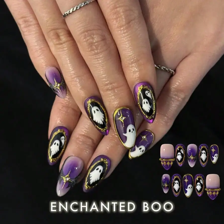 Hard And Durable Nails, ENCHANTED BOO - Halloween Handmade Press-On Nails | Reusable, Salon-Quality, Long-Lasting, Glossy Design-Short Almond 22mm,Halloween Nails, Christmas Nails, Thanksgiving Nails, Fall Nails, Handmade Nails, Common In 899 Areas