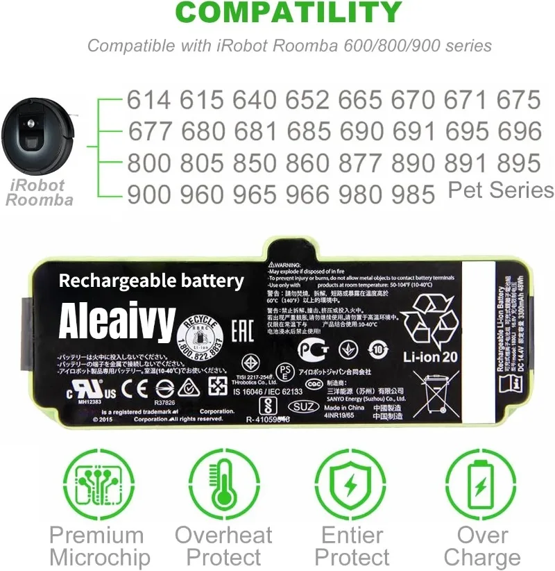 Сменная батарея Aleaivy 1800LI 6500LI для робота-пылесоса iRobot Roomba 655 690 780 805 860 880 890 960 601 760 980.