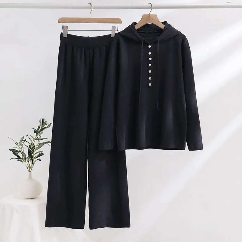 Spring Knitted Tracksuit 2 Piece Sets Knitwears Hoodie Tops Conjuntos Knit Soft High Waist Wide Leg Pants Outfits Korean Suits