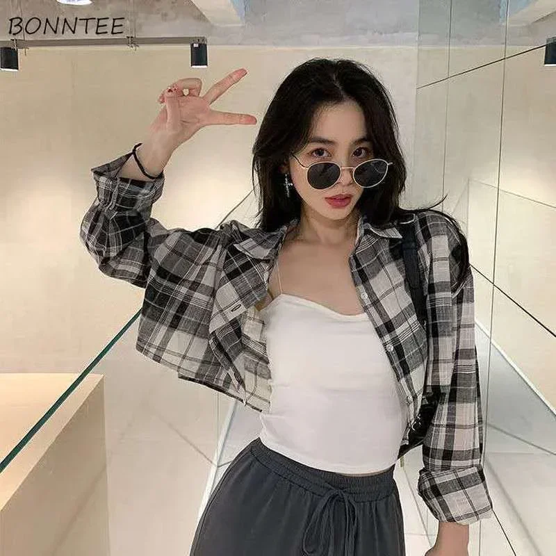 Shirts Women Sun-proof Plaid Fashion Thin Crop Top Korean Style College All-match Loose Ladies Harajuku Leisure Sexy Ins Mujer