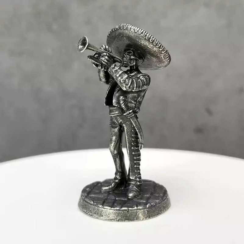 Metal Mariachi Skeleton, Handcrafted Mexican Day of The Dead Statue, Collectible Miniature for Car Decor, Cool Gift for Men