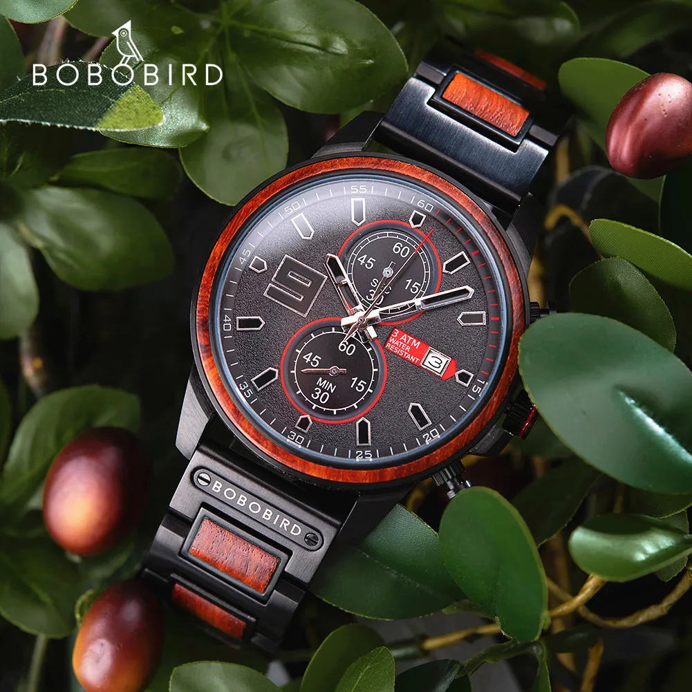 Imagem -03 - Bobo Bird-relógio Quartzo Combinado para Homens Madeira e Relógio de Pulso Elegante Relógios Casuais Logotipo Personalizado Dropshipping Aço Inoxidável