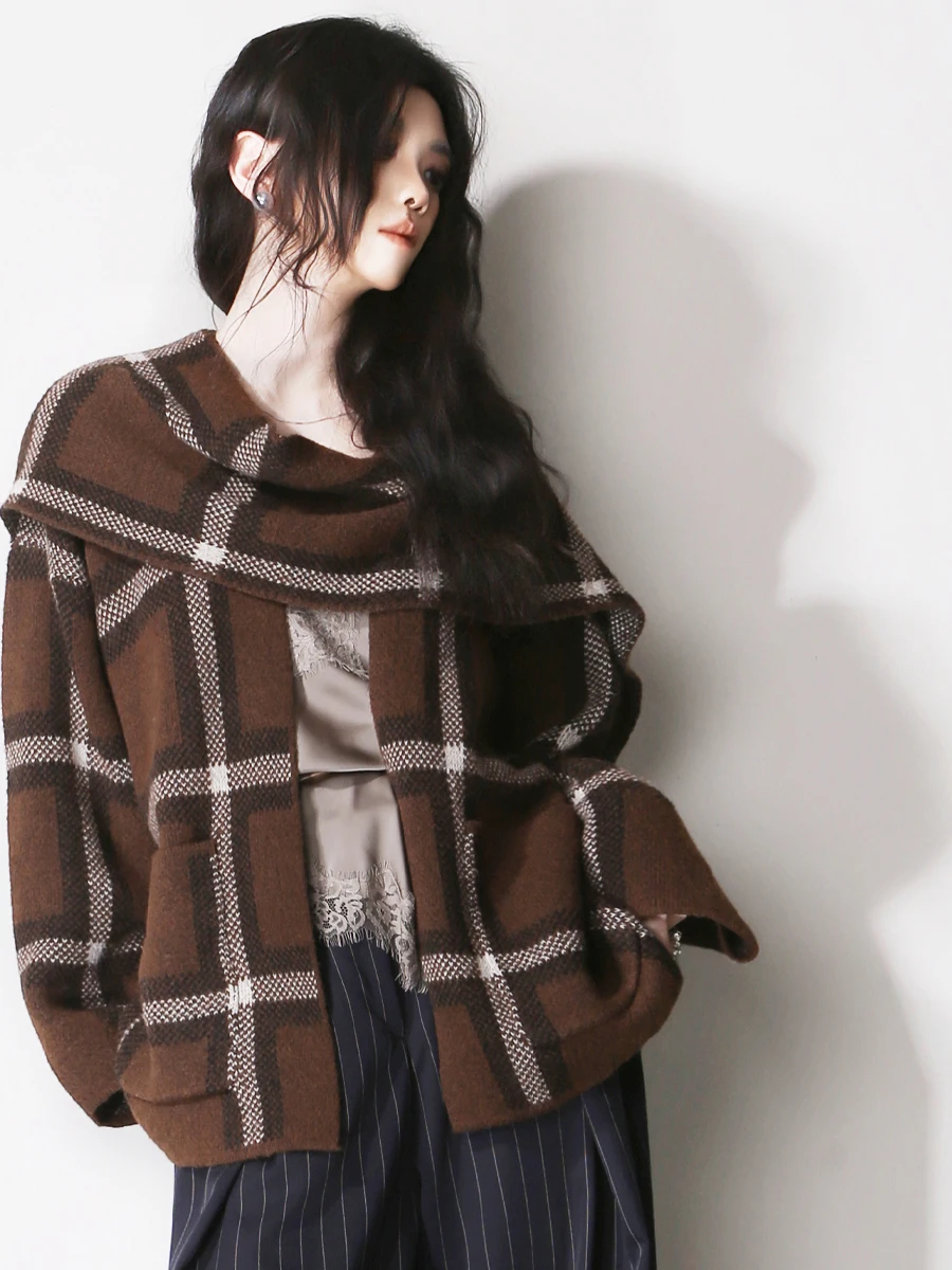 

Retro Plaid Scarf awl Sle Asymmetrical Sweater Cardigan Coat Two Ways to Wear Women's Loose Fit Long Sve Winter Faion