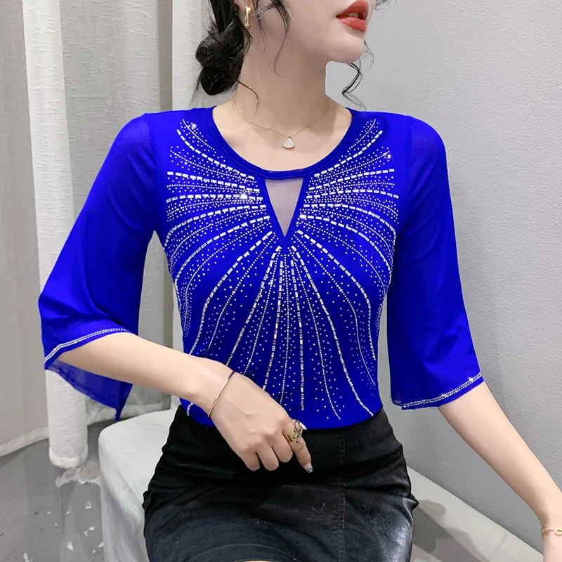 New 2024 Autumn O-Neck Mesh T-Shirt Fashion Cross Hollow Hot Diamond Three Quarter Sleeve Women's  Tops M-3XL Blusas