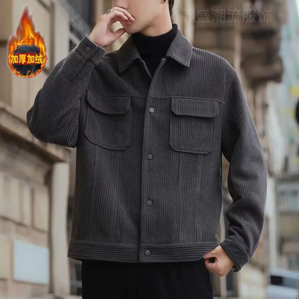 Solid Color Pocket Casual Jackets Autumn Winter Thick Warm Handsome Long Sleeve Turn-down Collar Men\'s Clothing Coat New 2023