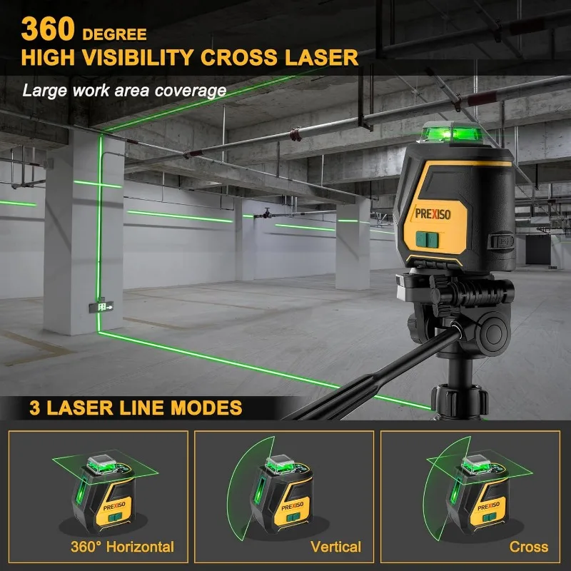 360 Laser Level with Tripod - IP54 Rechargeable Wide Angle Vertical Line Laser, 100Ft Green 3 Brightness Adjustment Self