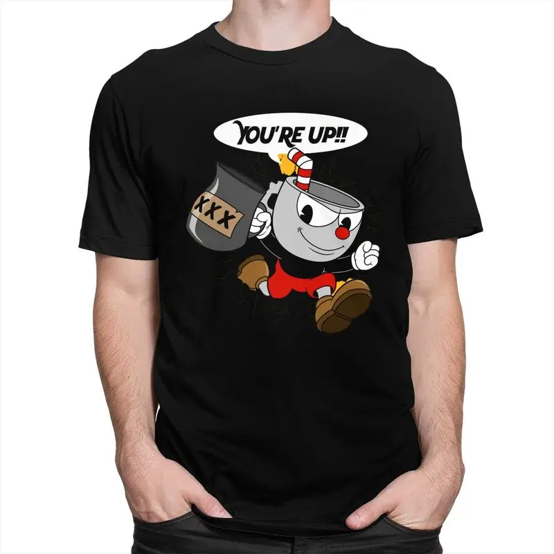 Custom Trendy Cuphead T Shirt Men Short Sleeve Pure Cotton T-shirt Casual Cartoon Game Tee Tops Fashion Tshirt